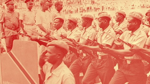 roops march before President Julius Nyerere and Vice President Abeid Karume at the fourth anniversary of the union of Zanzibar and Tanganyika in January 1968