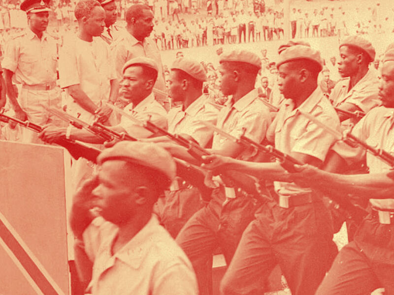 roops march before President Julius Nyerere and Vice President Abeid Karume at the fourth anniversary of the union of Zanzibar and Tanganyika in January 1968